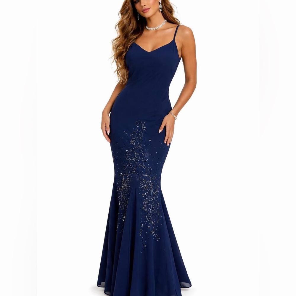 Y2K Beaded Navy Maxi Mermaid Evening Gown Plus Size 18 Prom Formal Glam Gala